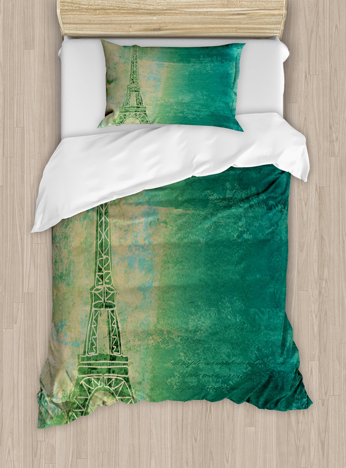 Teal Mustard Eiffel Tower Twin Duvet Cover Set