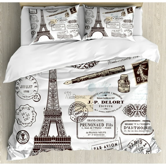Eiffel Tower Duvet Cover Set, France Tourist Attractions Paris Postage Stamps Culture Cosmopolite, Decorative 3 Piece Bedding Set with 2 Pillow Shams, King Size, Champagne Dark Brown, by Ambesonne