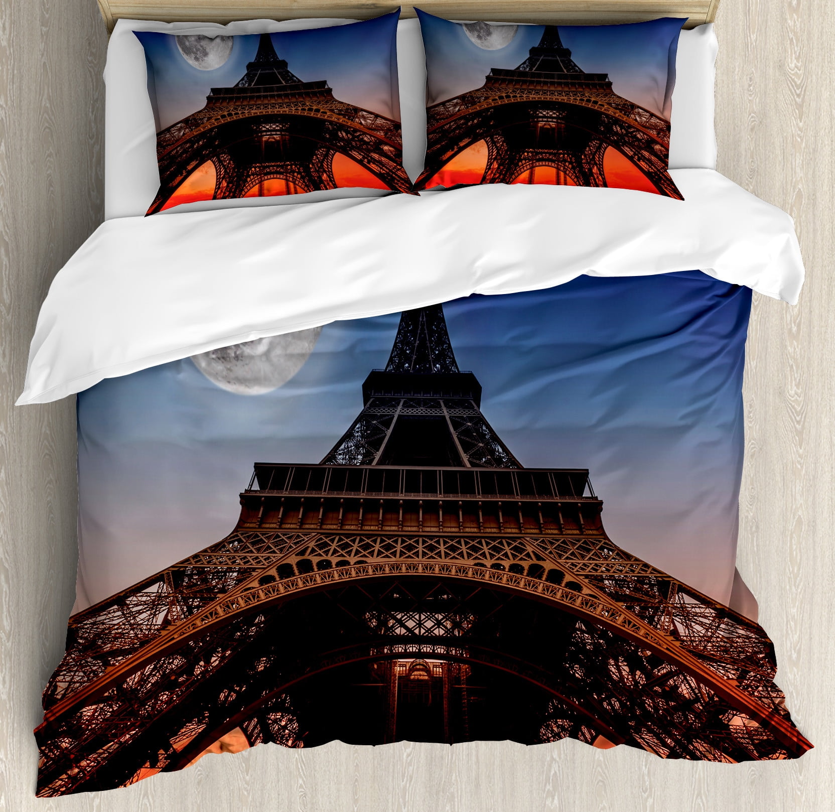 Eiffel Tower Duvet Cover Set, Full Moon Night Sky Dusk Digital Style ...
