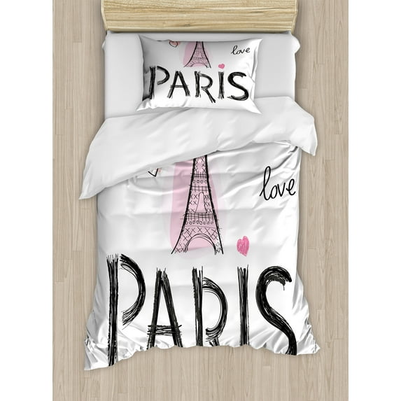 Eiffel Tower Duvet Cover Set, Hand Drawn Sketchy Paris Typography and Building, Decorative 2 Piece Bedding Set with 1 Pillow Shams, Twin Size, Pale Pink Dark Grey, by Ambesonne