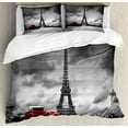 thumbnail image 1 of Eiffel Tower Duvet Cover Set, Image of Eiffel Tower Paris France Vintage Car Street Dark Clouds, Decorative 3 Piece Bedding Set with 2 Pillow Shams, King Size, Grey Black Red, by Ambesonne, 1 of 3