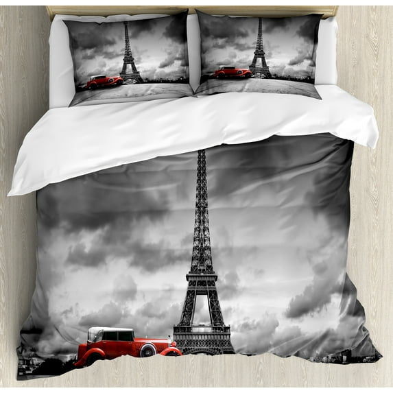Eiffel Tower Duvet Cover Set, Image of Eiffel Tower Paris France Vintage Car Street Dark Clouds, Decorative 3 Piece Bedding Set with 2 Pillow Shams, King Size, Grey Black Red, by Ambesonne