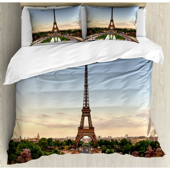Eiffel Tower Duvet Cover Set King Size, Real Picturesque of Paris City Landscape People Exploring During Sunset, Decorative 3 Piece Bedding Set with 2 Pillow Shams, Multicolor, by Ambesonne