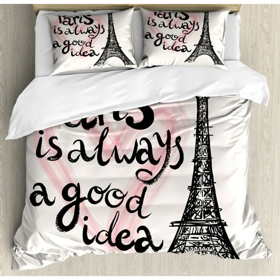 Eiffel Tower Duvet Cover Set, Lettering in Heart Modern Europe Dream Tour Sketch Illustration, Decorative 3 Piece Bedding Set with 2 Pillow Shams, Queen Size, Cream Pink Black, by Ambesonne