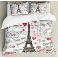thumbnail image 1 of Eiffel Tower Duvet Cover Set, Paris Lettering Heart Shapes Flag Ornamental Sketchy Doodle, Decorative 3 Piece Bedding Set with 2 Pillow Shams, King Size, Black White Pink, by Ambesonne, 1 of 3