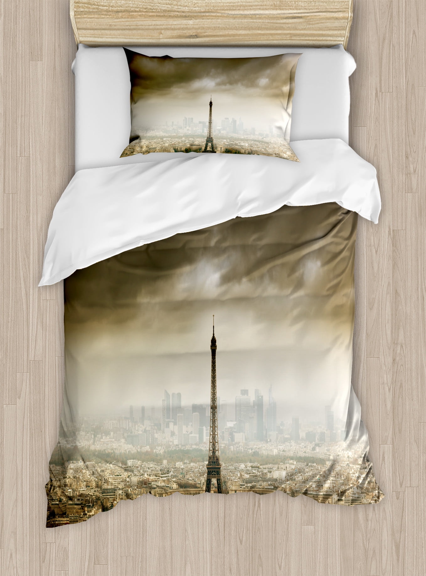 Twin Brown Beige Eiffel Tower Duvet Cover Set