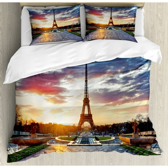 Eiffel Tower Duvet Cover Set, Parisian Landmark Sunrise with Clouds on Horizon Park Sun Rays, Decorative 3 Piece Bedding Set with 2 Pillow Shams, Calking Size, Navy Yellow Green, by Ambesonne