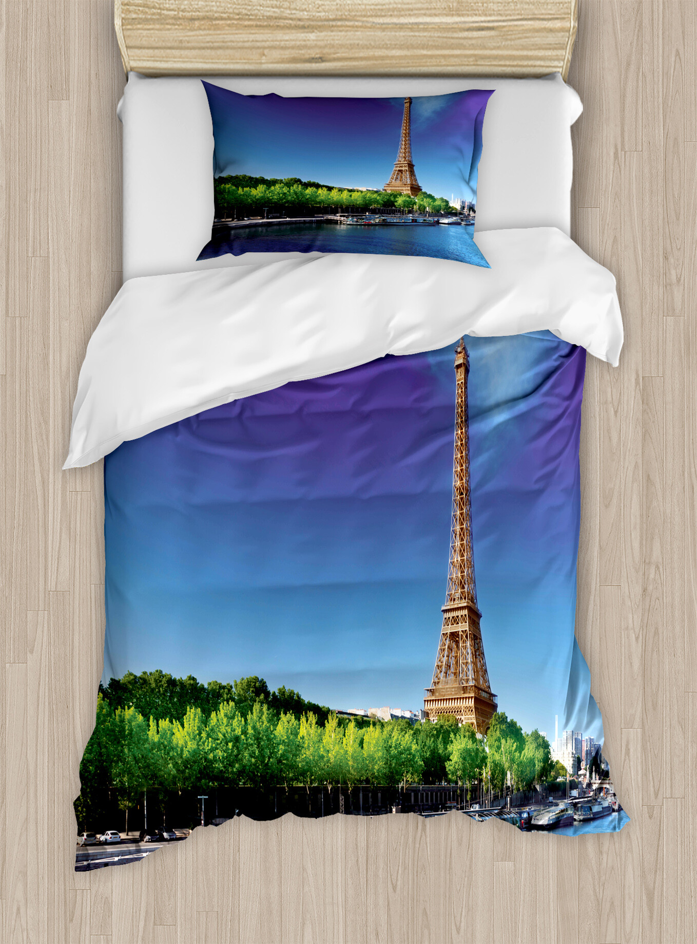 Eiffel Tower Duvet Cover Set, Seine Paris with French Sunrise Trees ...
