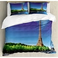 thumbnail image 1 of Eiffel Tower Duvet Cover Set, Seine Paris with French Sunrise Trees River Nature Panorama, Decorative 3 Piece Bedding Set with 2 Pillow Shams, Queen Size, Navy Blue Green Cream, by Ambesonne, 1 of 3