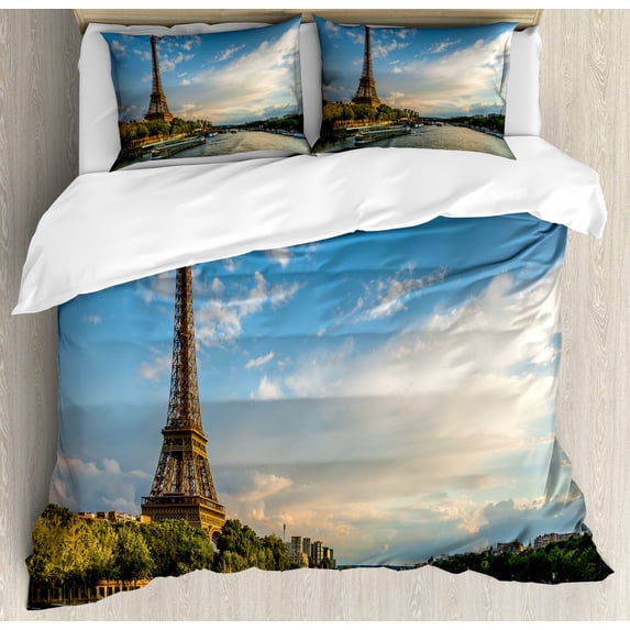 Eiffel Tower Duvet Cover Set, Sunset over Eiffel Tower and Seine River Paris France Nature Scene, Decorative 3 Piece Bedding Set with 2 Pillow Shams, Calking Size, Yellow Green Blue, by Ambesonne