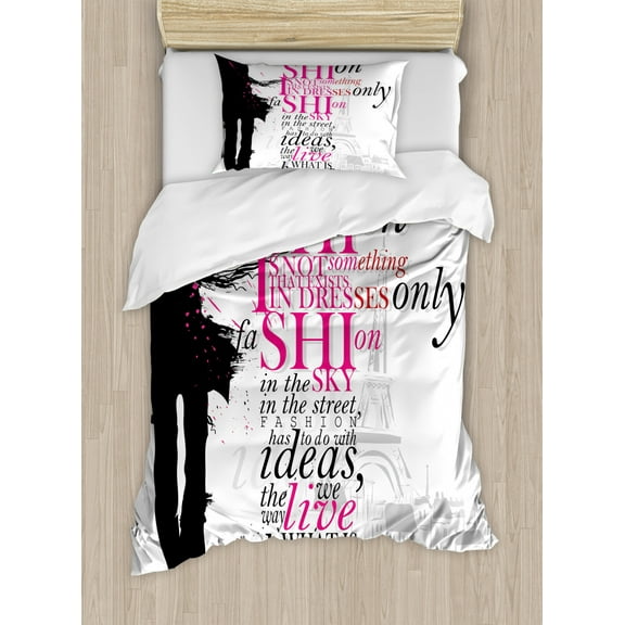 Eiffel Tower Duvet Cover Set Twin Size, Woman Figure in Paris in Autumn Inspirational Words Vogue Theme Art Print, Decorative 2 Piece Bedding Set with 1 Pillow Sham, Black Pink, by Ambesonne