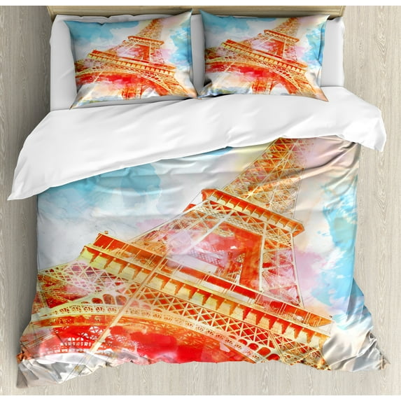 Eiffel Tower Duvet Cover Set, Watercolor Painted Linework Eiffel Tower Landmark Colorful Illustrated, Decorative 3 Piece Bedding Set with 2 Pillow Shams, Queen Size, Yellow Blue Red, by Ambesonne
