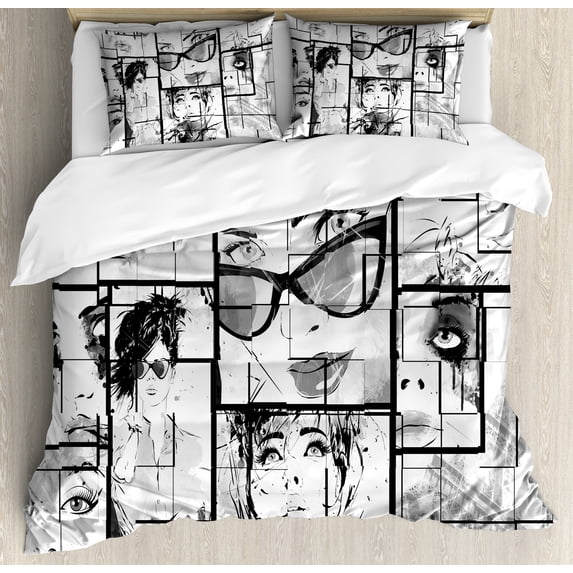 Eiffel Tower Duvet Cover Set, Women Faces with Different Eye Makeup Eiffel Tower Romance Paris Image, Decorative 3 Piece Bedding Set with 2 Pillow Shams, King Size, Black White Grey, by Ambesonne
