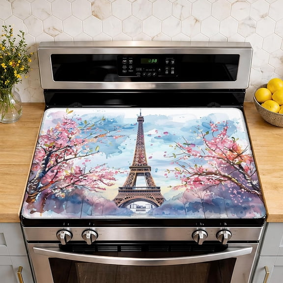 Eiffel Tower Electric Stove Top Cover Protector,Cherry Blossoms Glass Flat Top Stove Mat,Heat-Resistant Oven Induction Cooktop Mat for Ceramic Countertop Mats Dish Drying Mat