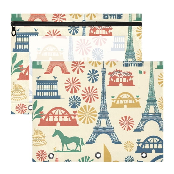Eiffel Tower Fireworks 3-Ring Binder Pouches A4 Size Zipper Pocket File Storage 2 Packs