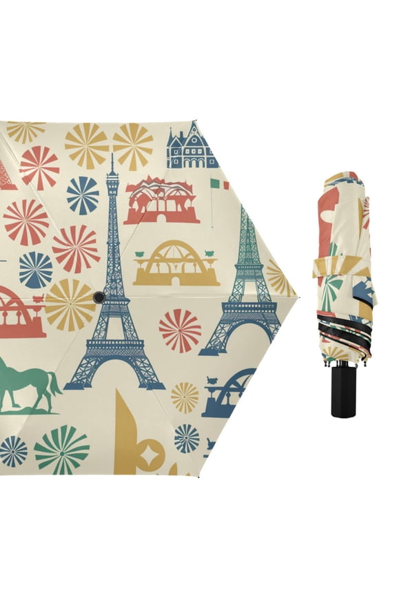 Eiffel Tower Fireworks All Weather Umbrella Triple Folding Parasol 6 Ribs UV Protection Portable