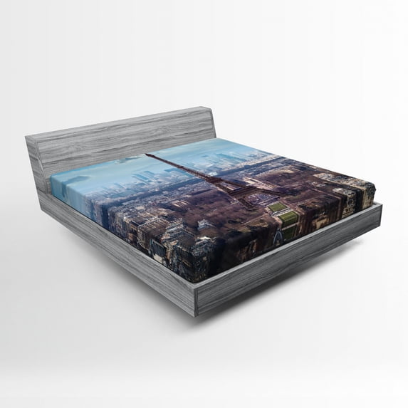 Ambesonne Eiffel Tower Fitted Sheet, View of Eiffel Tower, Full Size, Pale Blue Brown