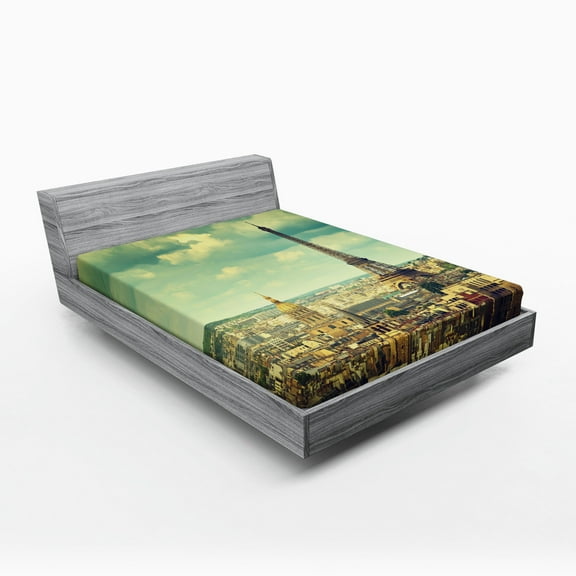 Ambesonne Eiffel Tower Fitted Sheet, Building Aerial View, Queen Size, Green Brown Mint Green