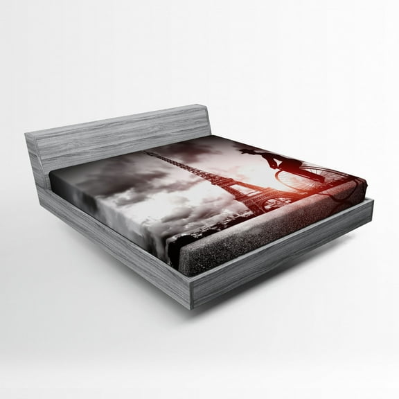 Ambesonne Eiffel Tower Fitted Sheet, Man on Retro Bicycle, Queen Size, Grey Pink Black