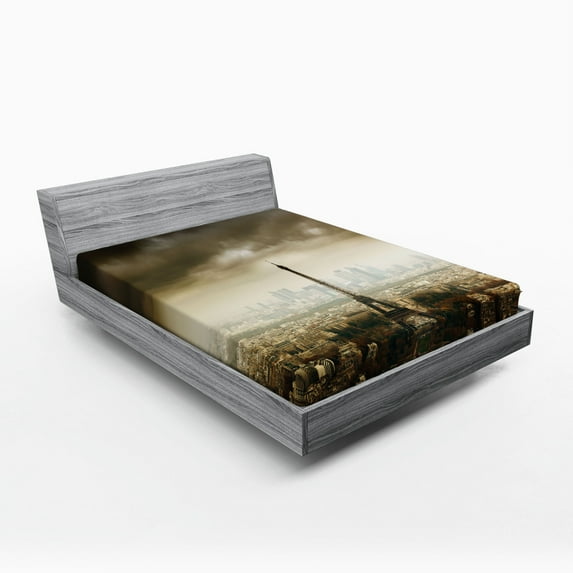 Eiffel Tower Fitted Sheet, Paris Skyline Cloudy Cityscape Silhouette European Birds Eye View Realistic, Soft Decorative Fabric Bedding, Queen Size, Brown Beige, by Ambesonne