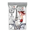 thumbnail image 1 of Eiffel Tower Fitted Sheet & Pillow Sham Set, Illustration of a Woman on Alexander III Bridge in Paris Riding a Bike, Decorative Printed 6 Piece Bedding Decor Set, Calking, Grey Red Peach, by Ambesonne, 1 of 3