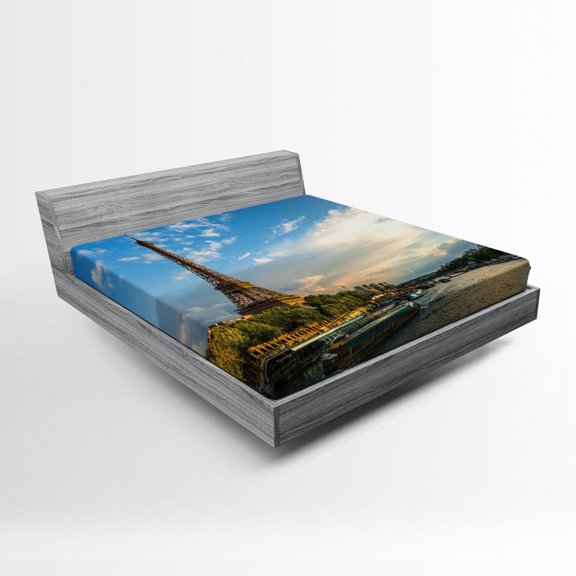 Ambesonne Eiffel Tower Fitted Sheet, Sun Eiffel Tower, Queen Size, Yellow Green Blue