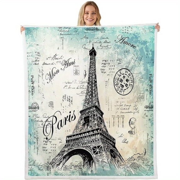 Eiffel Tower Fleece Throw Blanket - Chic Retro Paris Theme, Vintage Cityscape Design, Soft Anti-Pilling Flannel, Teal & White, 60"x80", Perfect for Bedroom or Living Room Decor