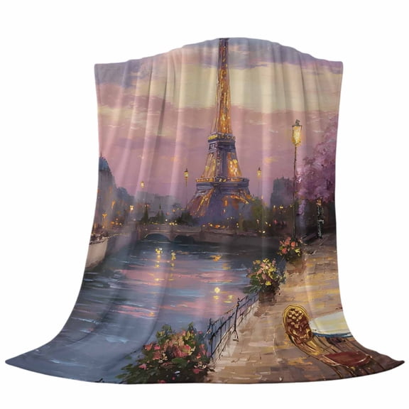 Eiffel Tower Fleece Throw Blanket Modern Purple Sunset Bridge River Night View Ultra Soft Fuzzy Cozy Flannel Throw Blanket for Couch Sofa Bed Car Travel, Ideal Gifts 40x50 Inches