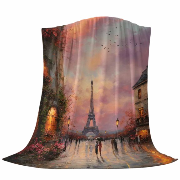 Eiffel Tower Fleece Throw Blanket Purple Sunset Country Oil Painting Street View Ultra Soft Fuzzy Cozy Flannel Throw Blanket for Couch Sofa Bed Car Travel, Ideal Gifts 40x50 Inches