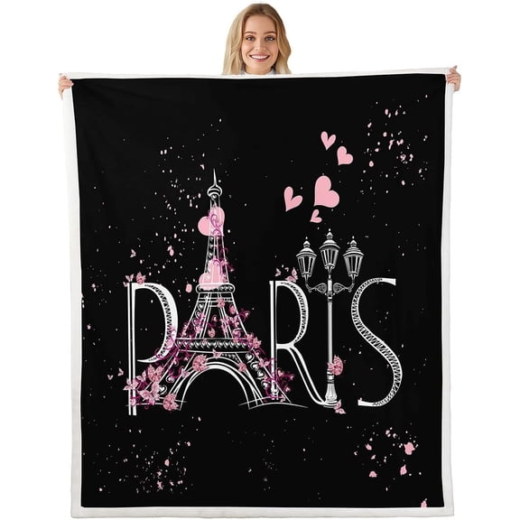 Eiffel Tower Fleece Throw Plush Blanket for Sofa Couch Bed - Black Pink - Modern French Style Sherpa Blanket - Twin 60"x80" - Paris Chic Romantic Theme