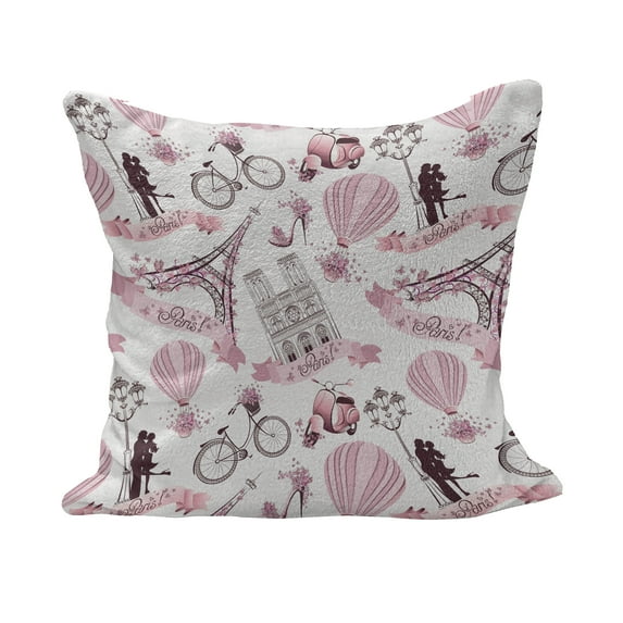 Eiffel Tower Fluffy Throw Pillow Cushion Cover, Travel in Paris Theme Honeymoon Flowers Romance Hot Air Balloon Bike, Rectangle Accent Pillow Case, 26" x 16", Pale Pink White, by Ambesonne
