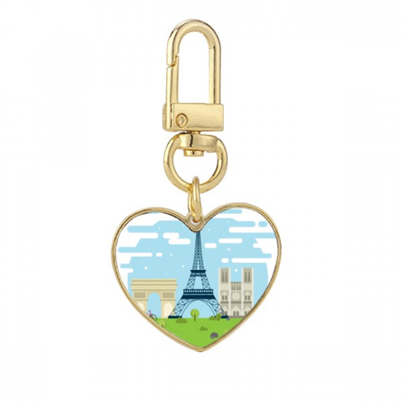 Eiffel Tower France Landmark Illustration Gold Heart Keychain Metal Keyring Holder
