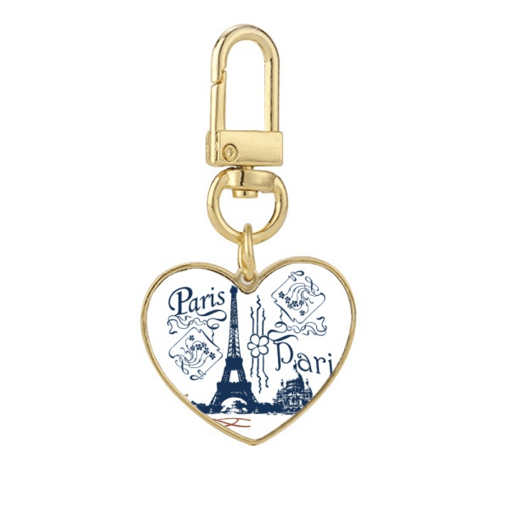 Eiffel Tower France Paris Line Drawing Gold Heart Keychain Metal