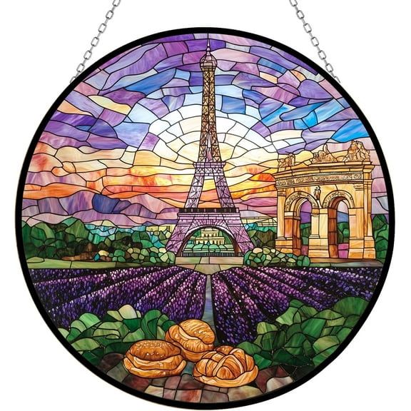 Eiffel Tower France Suncatcher Stained Glass Window Hanging Handmade Stained Glass Suncatchers Metal Chain Outdoor Garden Decor Gift for Women Christmas Thanksgiving