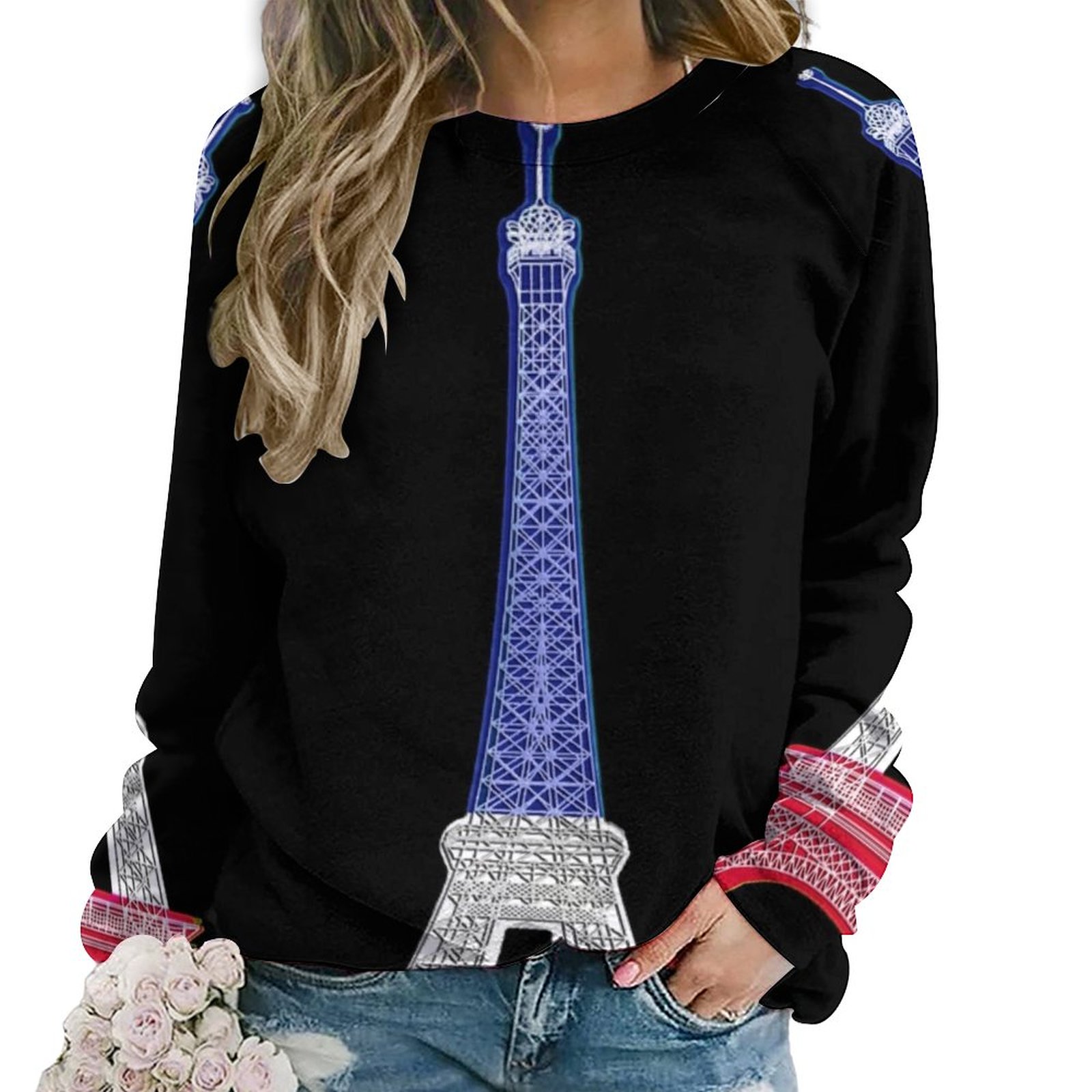 Eiffel Tower Floral Pattern Print Women Off Shoulder Sweatshirt