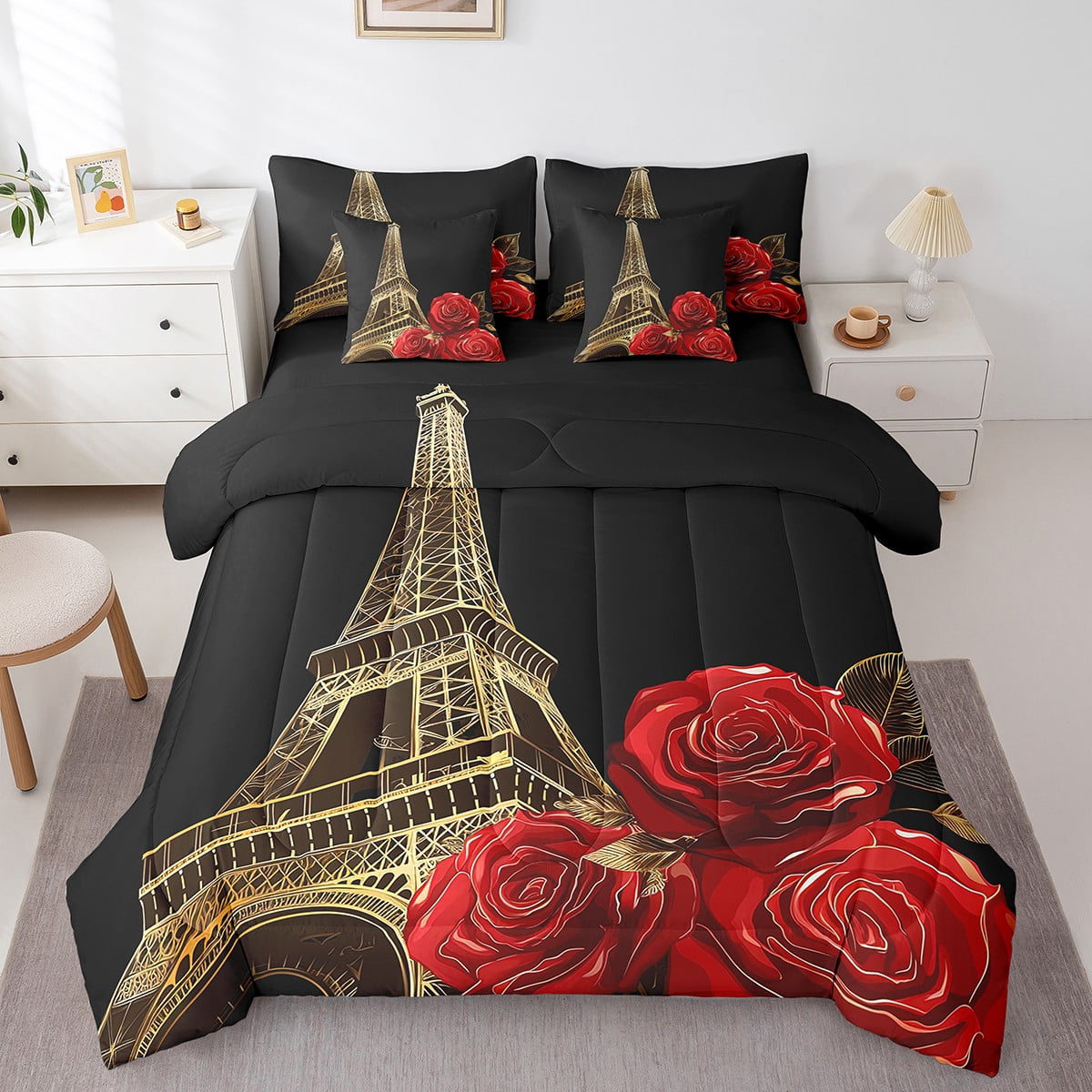 Eiffel Tower Full Comforter Set - 7 Pieces Bed in a Bag Set,Romantic ...