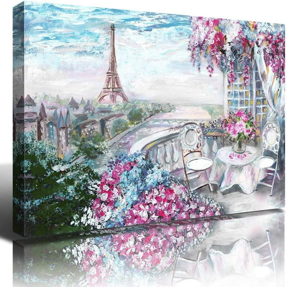 Eiffel Tower Garden Landscape Painting Canvas Prints Wall Decor Paris Town Gallery Wrapped Wall Art Picture 1 Panel for Kitchen Bedroom Home Decoration Modern Blossoming Flower Artwork Framed 12x16"