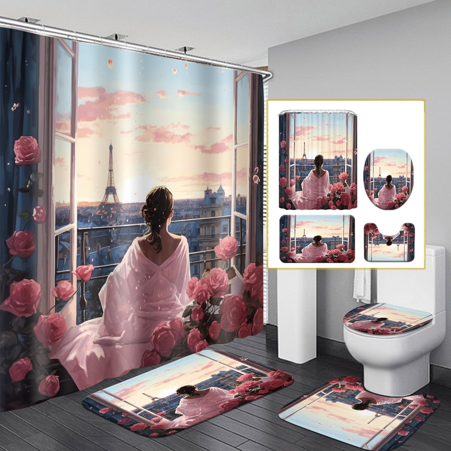 Eiffel Tower Girl Bathroom Shower Curtain Sets, Romantic Flower Girl ...
