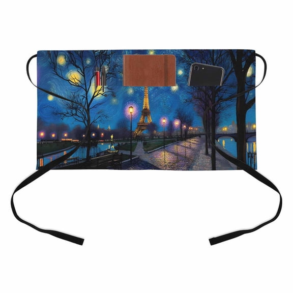 Eiffel Tower Half Waist Apron Park Path Impressionist Abstract Short Waiter Aprons with 3 Pockets for Women Men Kitchen Restaurant Cooking