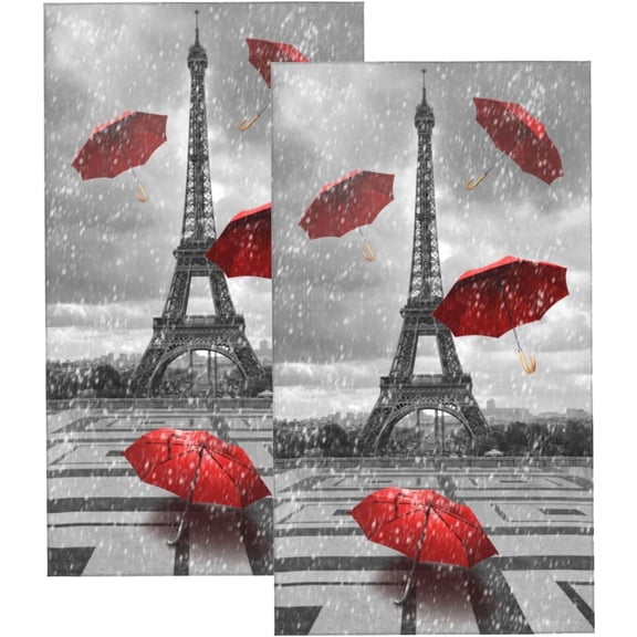 Eiffel Tower Hand Towels for Bathroom,Set of 2,Rainy Paris with Flying Red Umbrellas Ultra Soft Absorbent Small Bath Towel,Decorative Kitchen Dish Guest Towel for Hotel,Spa,Gym 15.7"x27.5"