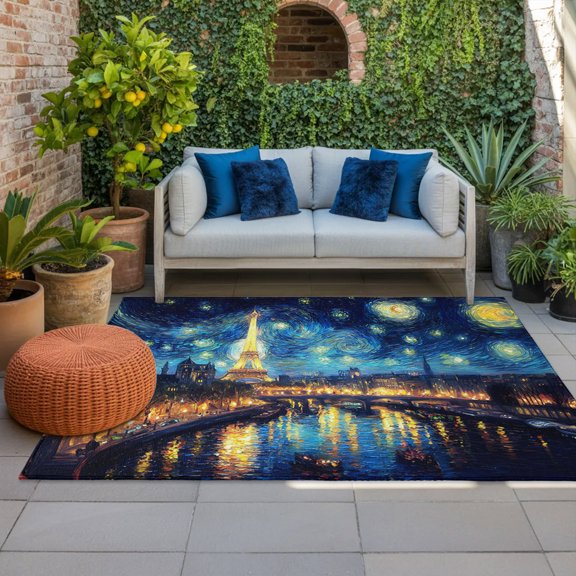 Eiffel Tower Indoor Outdoor Rugs 3x5 Ft, Starry Night City Impressionist Abstract Outdoor Patio Rugs Mat Washable Outside Area Rugs Carpet for Porch Deck RV Camping Pool Balcony Backyard