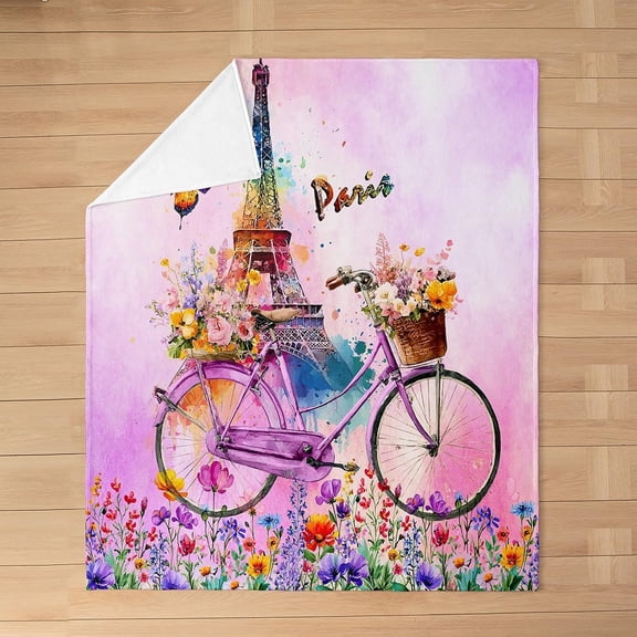 Eiffel Tower Kids Flannel Blanket Purple Bike Romantic Paris Warm Fleece Blanket for Women Adults Colorful Floral Butterfly Print Soft Bed Blanket for Sofa Chair Couch B Size 30"x40"