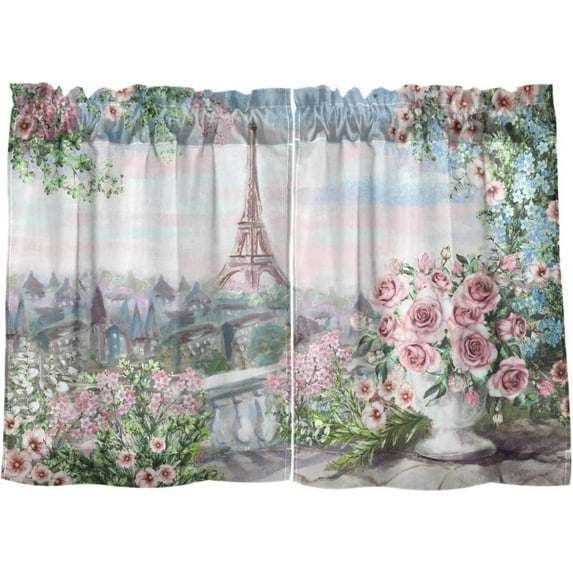 Eiffel Tower Kitchen Curtains 2 Panels UV Protected Tier Curtains, Half Window Curtains Kitchen Tiers for Guest Room Bathroom Sink Laundry Room Basement,24 x 27 Inch