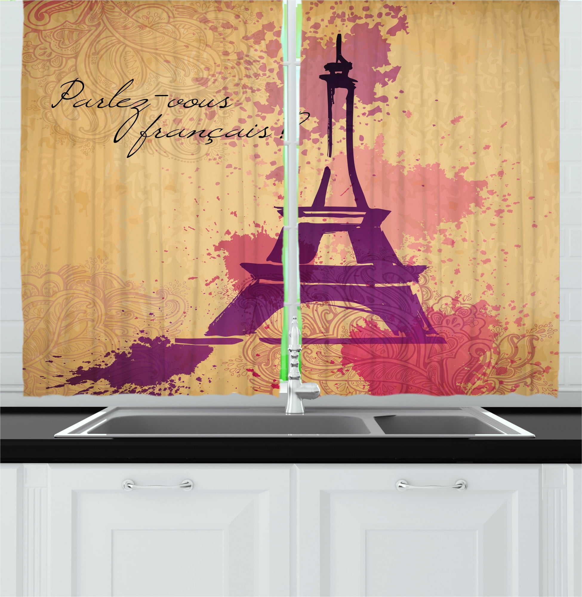 Eiffel Tower Kitchen Curtains, French Cursive Wordprint Eiffel Doodle