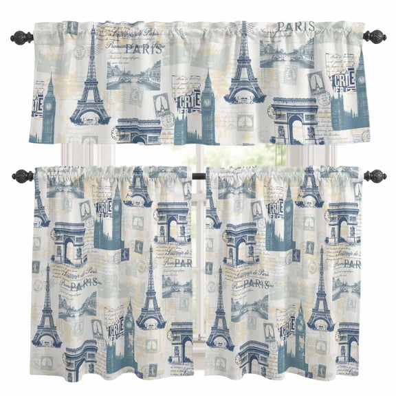 Eiffel Tower Kitchen Curtains Sets for Windows 24 Inch Length, European Architectural Retro Hand-Painted Rod Pocket Window Treatments Tier Curtains and Valances Set for Bedroom/Bathroom