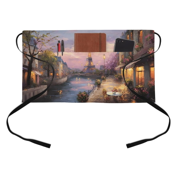 Eiffel Tower Kitchen Restaurant Half Waist Apron, Modern Purple Sunset Bridge River Night View Server Short Apron with 3 Pockets Waterproof Oil Waist Aprons for Women Waitress Waiter
