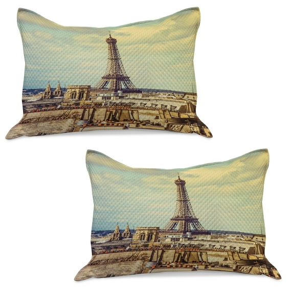 Eiffel Tower Knitted Quilt Pillowcover Set of 2, Eiffel Tower Historic Vintage Cityscape Famous Monument Urban Art, Standard Queen Pillow Sham Bedroom, 30" x 20", Almond Green Yellow, by Ambesonne