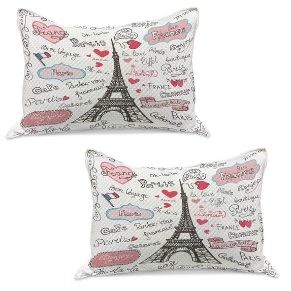 Eiffel Tower Knitted Quilt Pillowcover Set of 2, Paris Lettering Heart Shapes Flag Ornamental Sketchy Doodle, Standard Queen Pillow Sham Bedroom, 30" x 20", Black White Pink, by Ambesonne