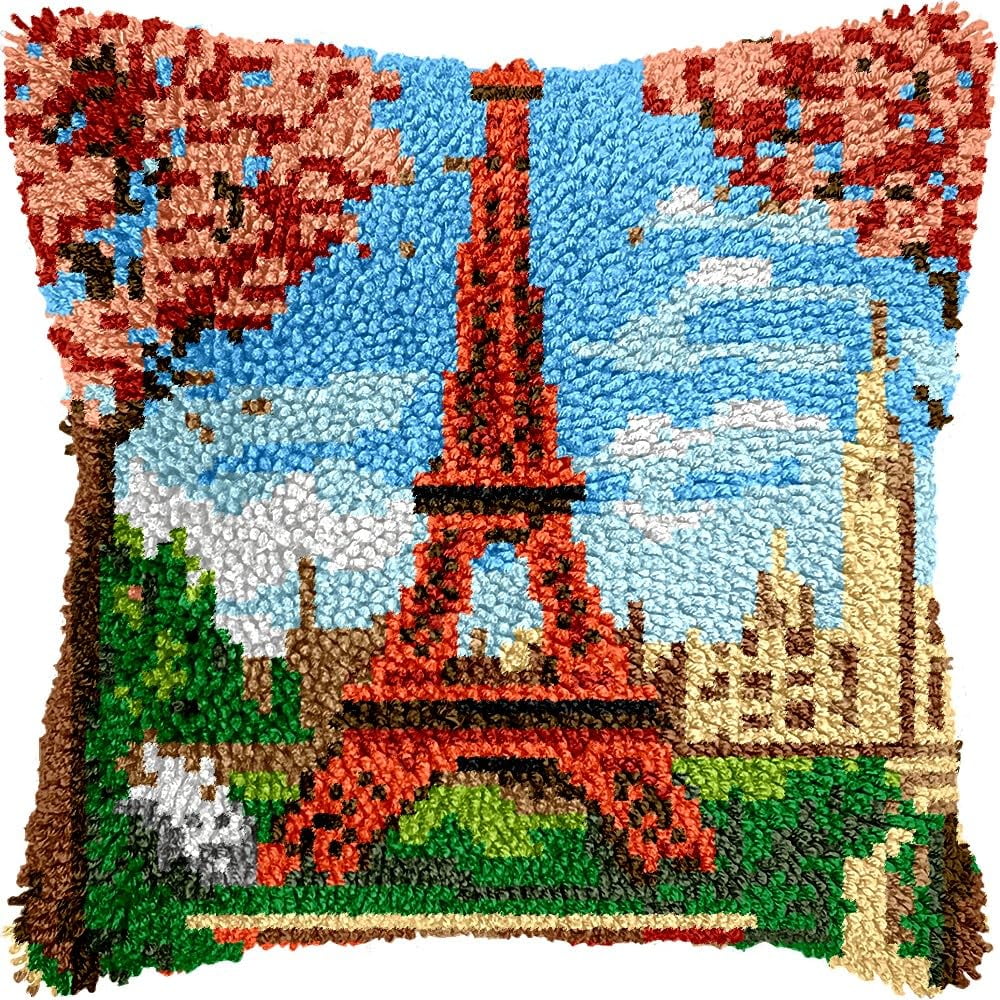 Eiffel Tower Latch Hook Pillow Kits for DIY Throw Pillow Cushion Embroidery Latch Hooking Pillowcase Kits with Preprinted Canvas Crochet Yarn Kits for Home Decor 17''X 17''(j61)