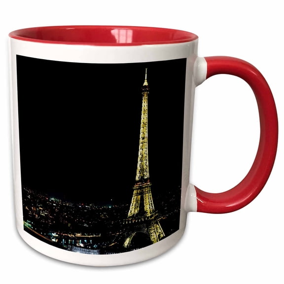 3drose, Eiffel Tower Lit at Night, 15oz Two-tone Red Mug